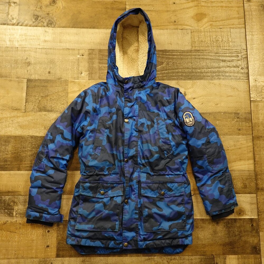 Lands’ End Expedition Waterproof Down Parka Kids Medium Blue Camo Hooded FAIR